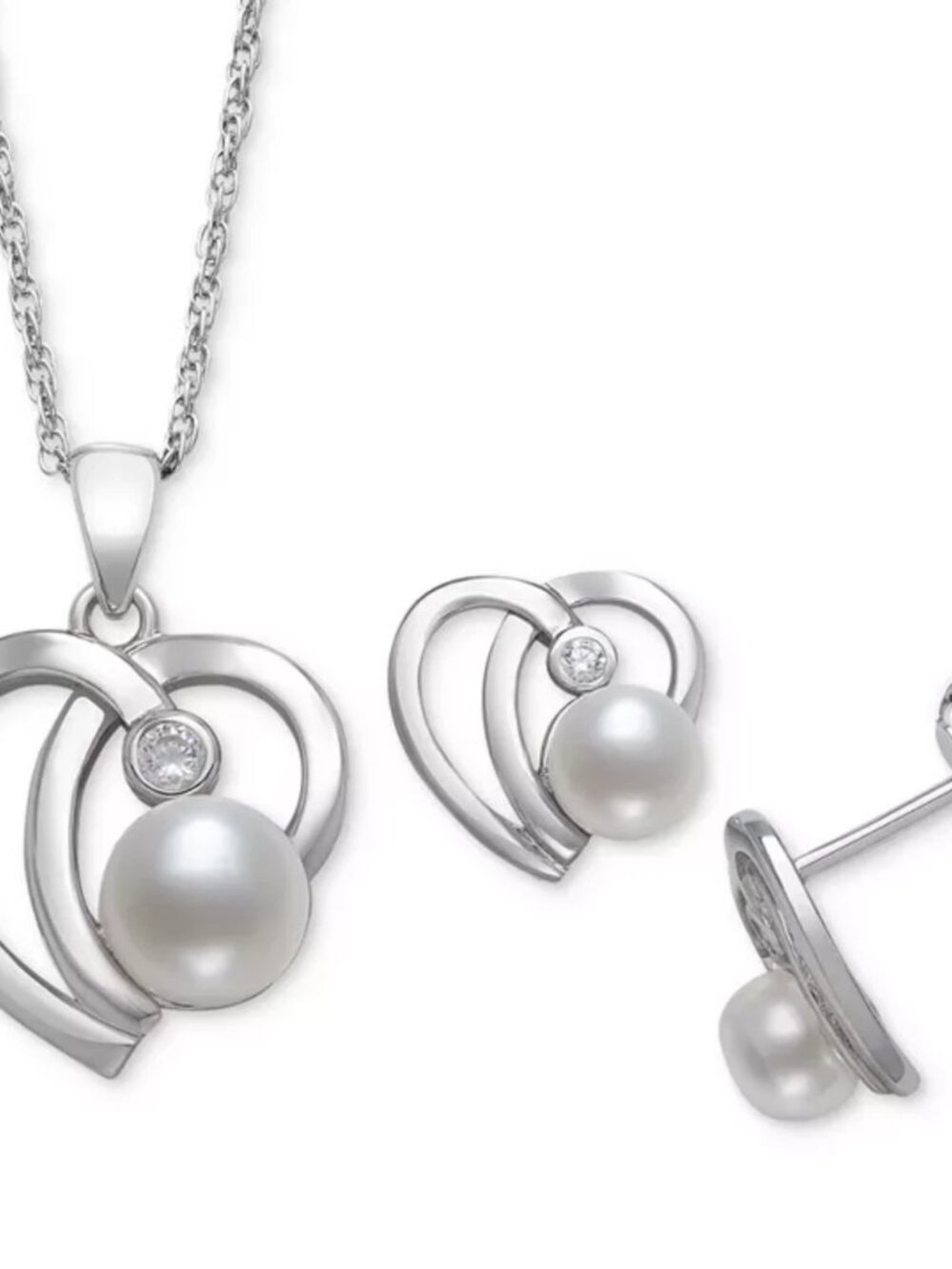 Wedding Bridal Silver Freshwater Pearl Pendant Necklace Earrings Set